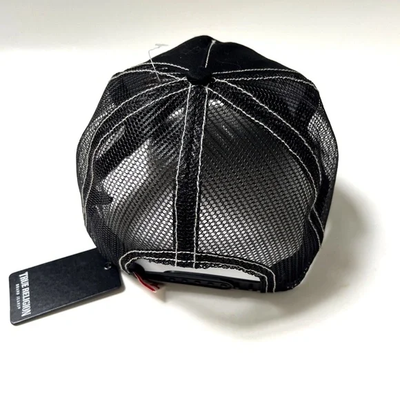 NWT Original TRUE RELIGION Trucker Baseball Cap Embroidered Black Stitched Mesh